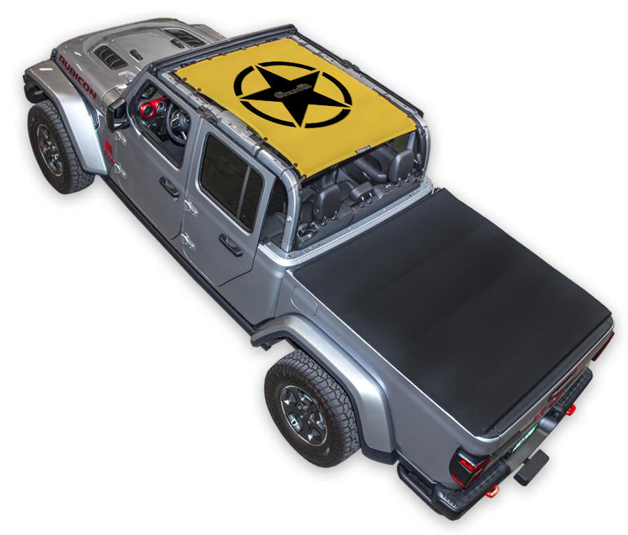 Sun Shade SPIDERWEBSHADE for Jeep Gladiator JT (2019–2026); yellow stock printed top with black star emblem.