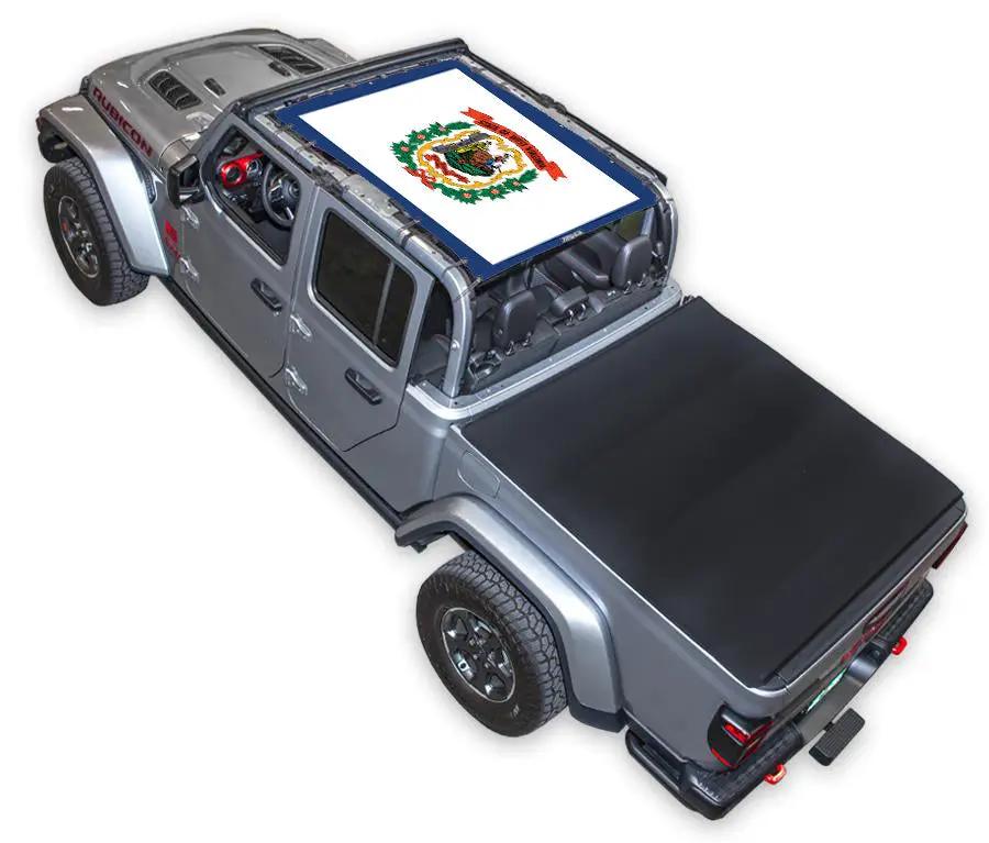 Sun shade top for Jeep Gladiator JT by SPIDERWEBSHADE; stock printed shade with crest design