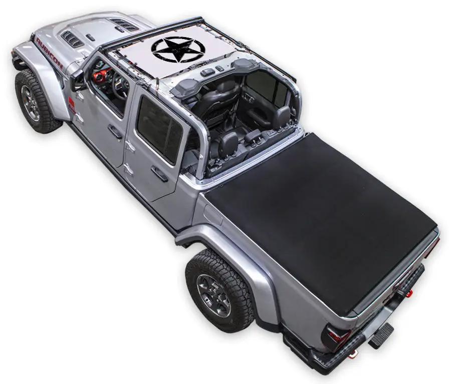 Sun Shade for Jeep Gladiator JT by SpiderWebShade, stock printed shade top, black bed cover