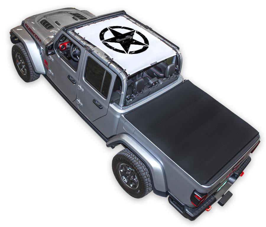 SpiderWebShade Sun Shade for Jeep Gladiator JT (2019–2026); printed white top with black star logo.