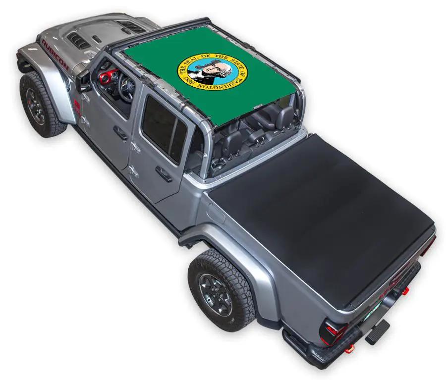Sun shade for Jeep Gladiator JT by SpiderWebShade; green printed shade top with logo.