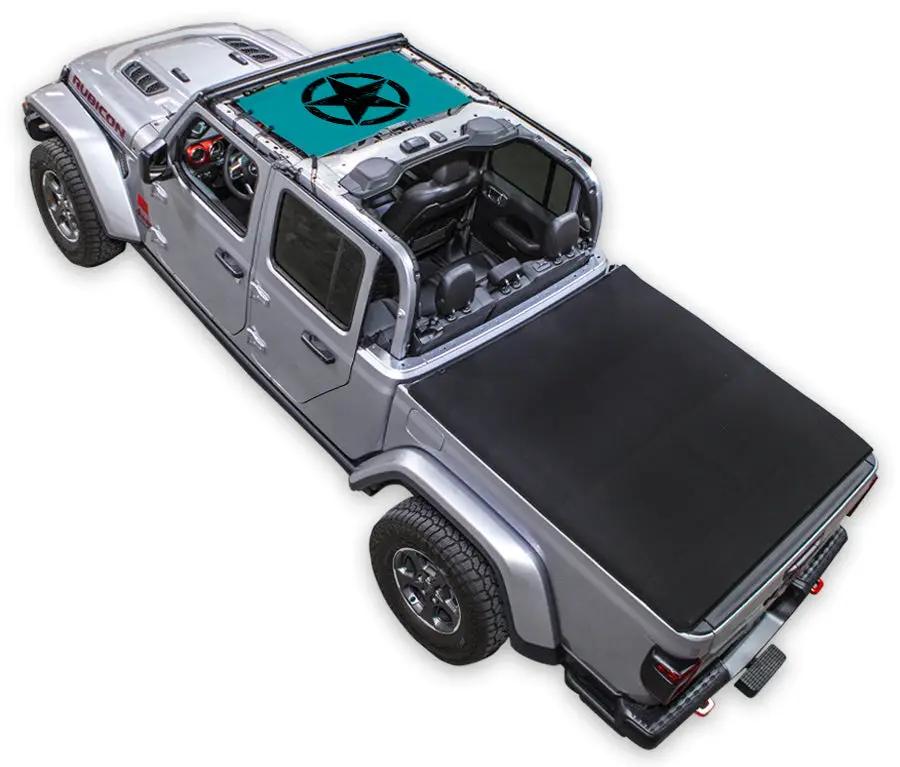 Sun shade for 2019–2026 Jeep Gladiator JT with teal printed top and black star logo