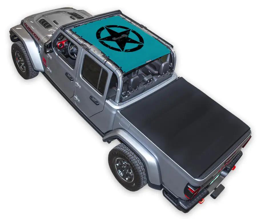 Sun shade for Jeep Gladiator JT; turquoise printed shade top with black star logo.