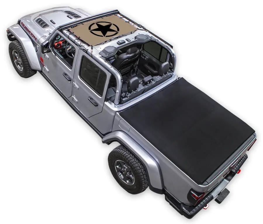 Sun shade top for Jeep Gladiator JT by SpiderWebShade tan stock printed shade with star logo