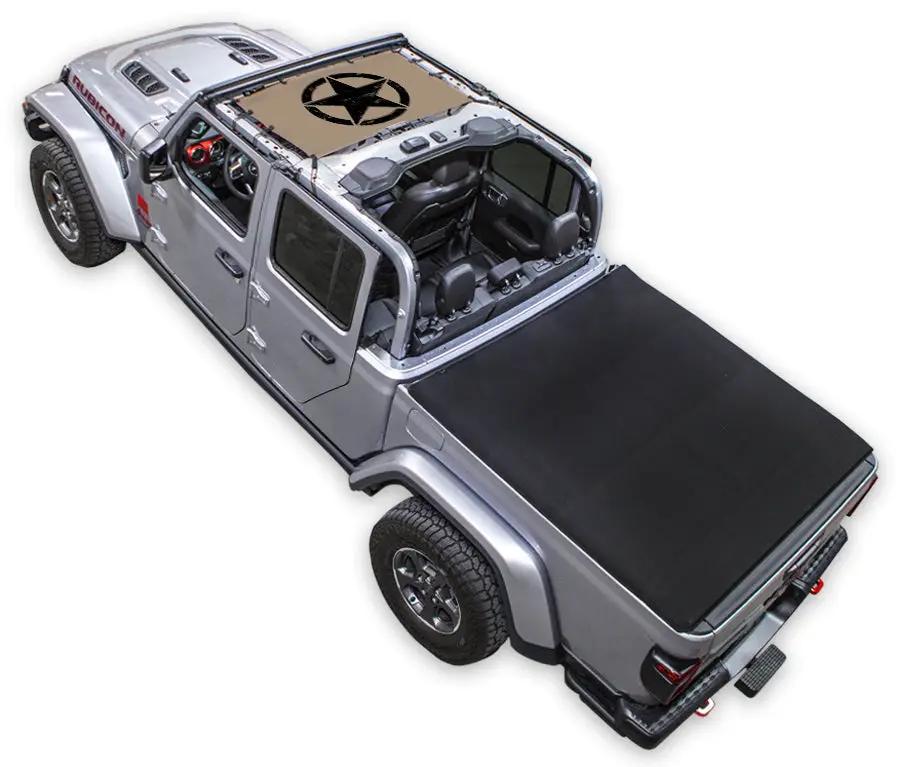 Sun Shade for Jeep Gladiator JT by SpiderWebShade, stock printed tan shade top with star logo.