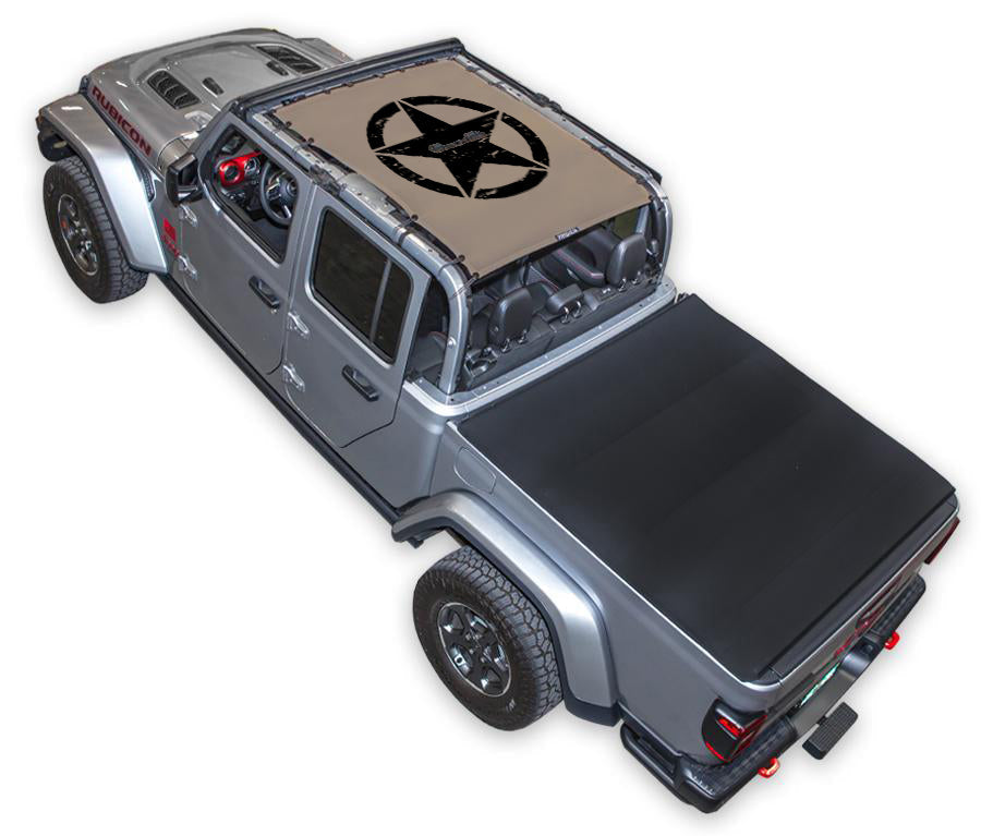 Sun shade for Jeep Gladiator JT, tan stock-printed top with black star graphic.