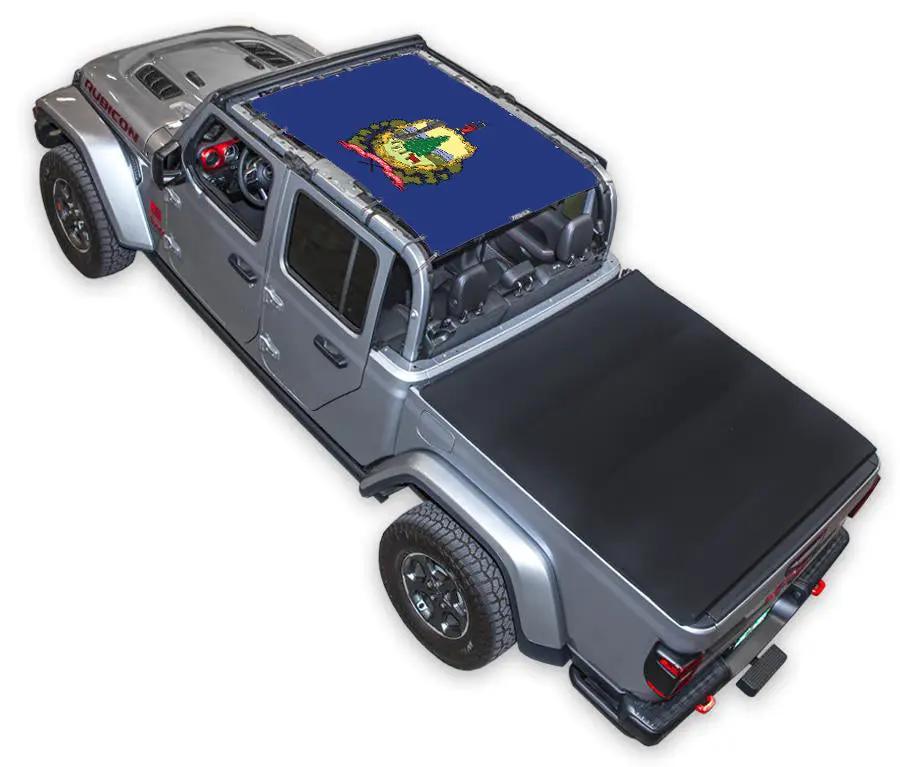 Sun shade top for Jeep Gladiator JT by SPIDERWEBSHADE, blue printed canopy with emblem on roof