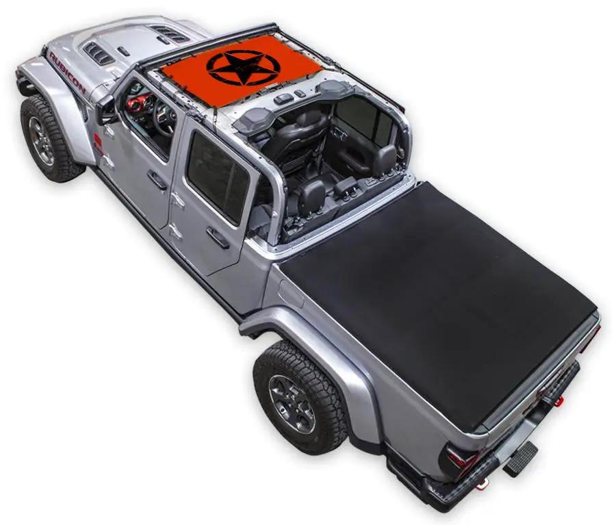 Sun Shade for Jeep Gladiator JT by SpiderWebShade; orange stock-printed shade top with black spider logo