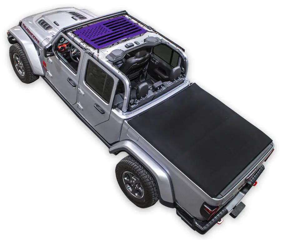 Sun shade top by SpiderWebShade for Jeep Gladiator JT (2019–2026); purple printed shade over cab