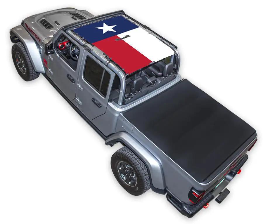 Sun Shade for Jeep Gladiator JT by SpiderWebShade with a Texas flag print on the shade top.