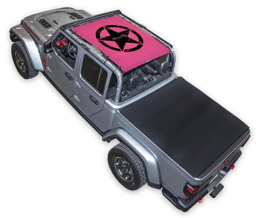 Sun Shade for Jeep Gladiator JT by SpiderWebShade, pink printed shade top with black star logo