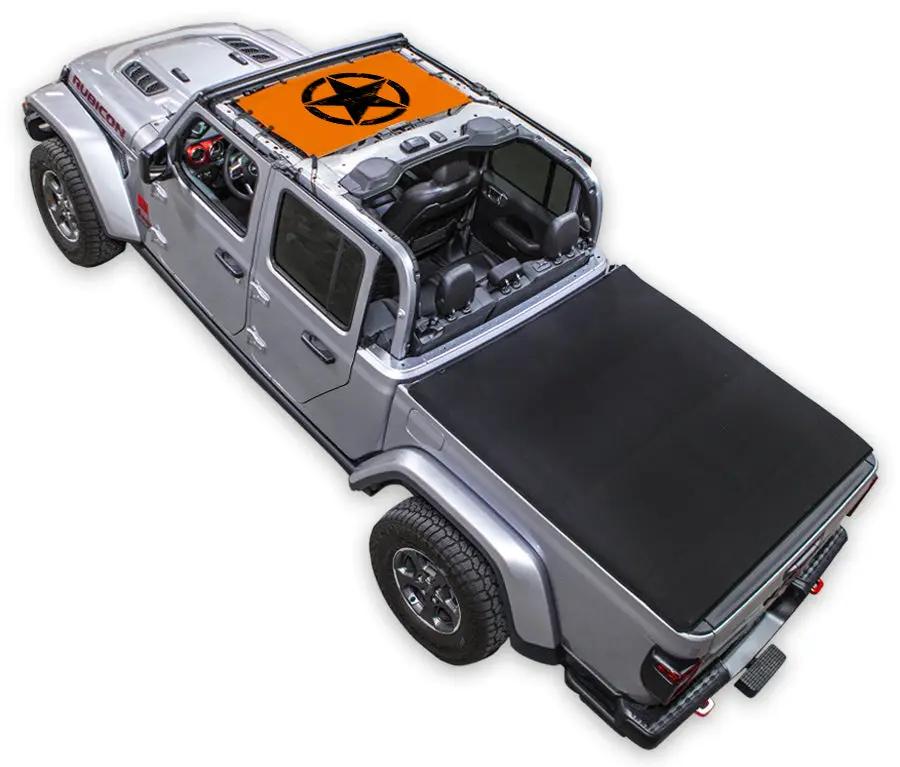 Sun shade top for Jeep Gladiator JT 2019–2026 by SpiderWebShade, orange printed shade with black star logo.