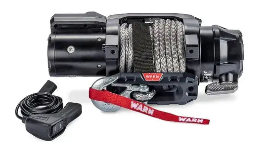 Warn ZEON XC 12-S Hidden Kit Winch, black unit with 70 ft 3/8 in Spydura Pro synthetic rope and red WARN strap, remote