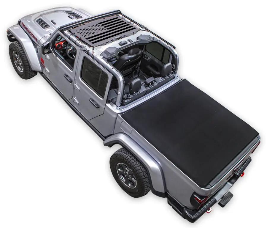Sun shade for Jeep Gladiator JT by SPIDERWEBSHADE; stock printed shade top for 2019–2026, bed cover in black.