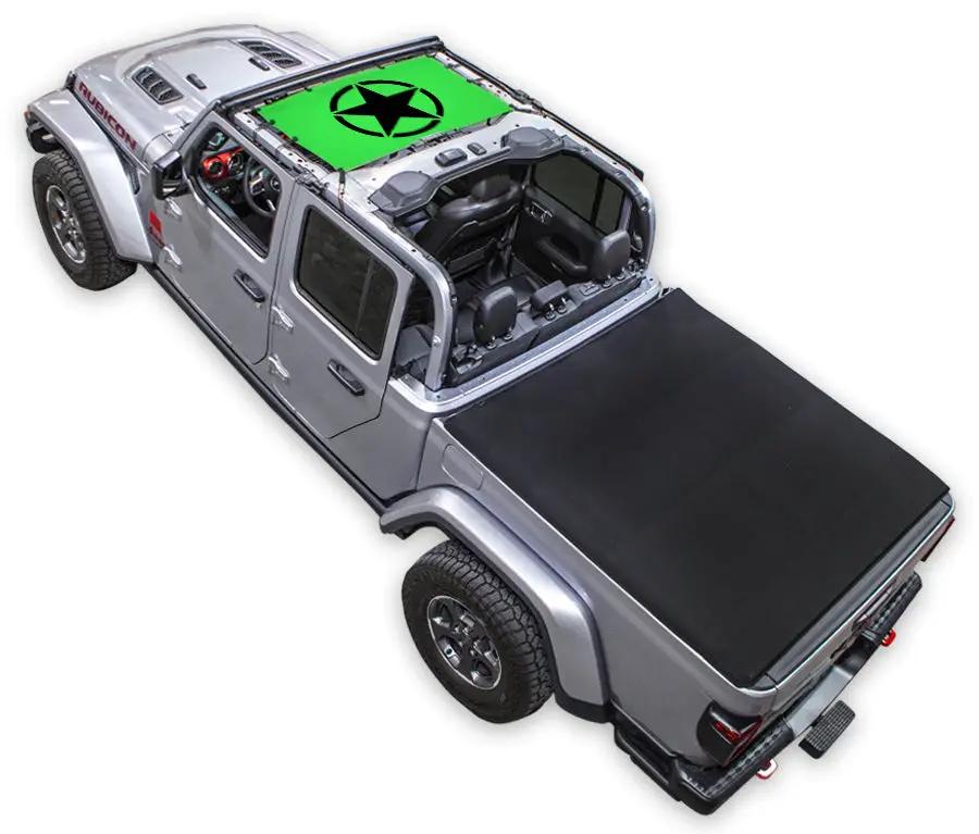 Sun Shade for Jeep Gladiator JT by SPIDERWEBSHADE; green stock-printed shade top.