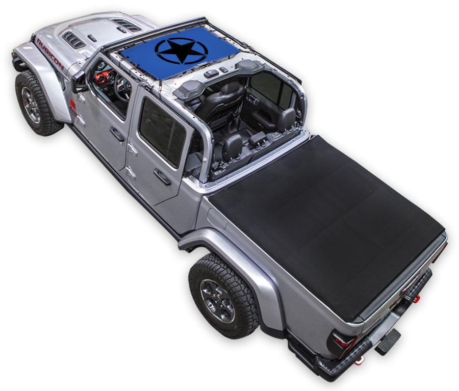 SPIDERWEBSHADE Sun Shade for Jeep Gladiator JT, blue stock-printed shade top, 2019–2026