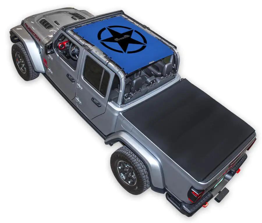 Sun Shade for Jeep Gladiator JT by SPIDERWEBSHADE, blue stock-printed top with star compass design.