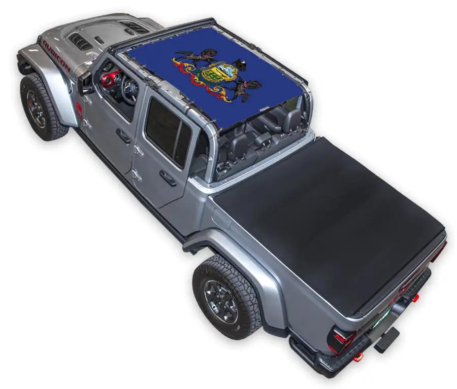 Sun shade top for Jeep Gladiator JT by SpiderWebShade; blue stock printed crest design