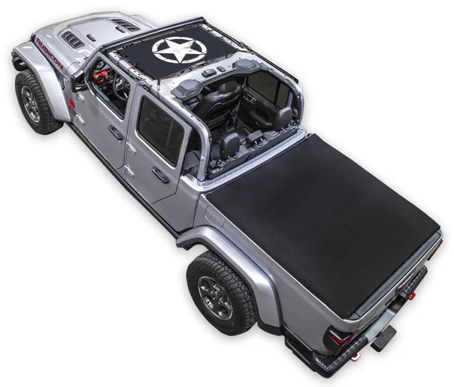 Sun shade for Jeep Gladiator JT by SpiderWebShade, black printed shade top over bed area
