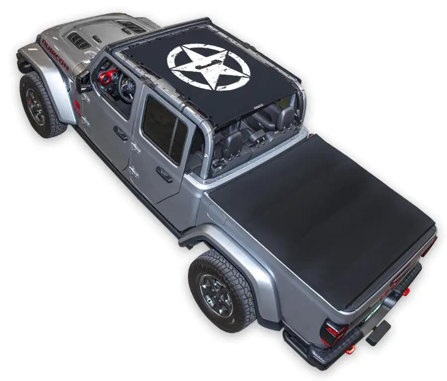 SpiderWebShade sun shade top for Jeep Gladiator JT (2019–2026); black fabric with white star logo