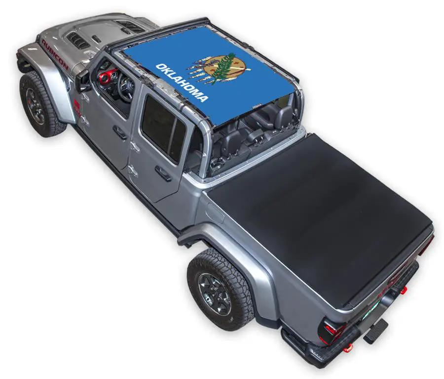 Jeep Gladiator JT Sun Shade Top by SPIDERWEBSHADE; blue printed Oklahoma flag design