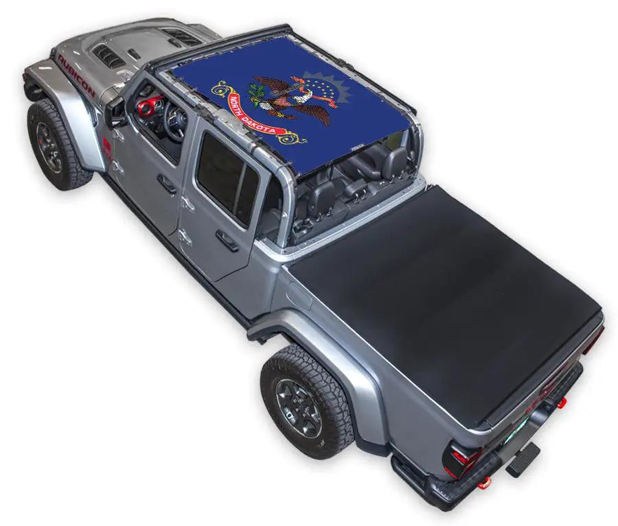 Sun shade top for Jeep Gladiator JT by SPIDERWEBSHADE, blue printed shield emblem roof.