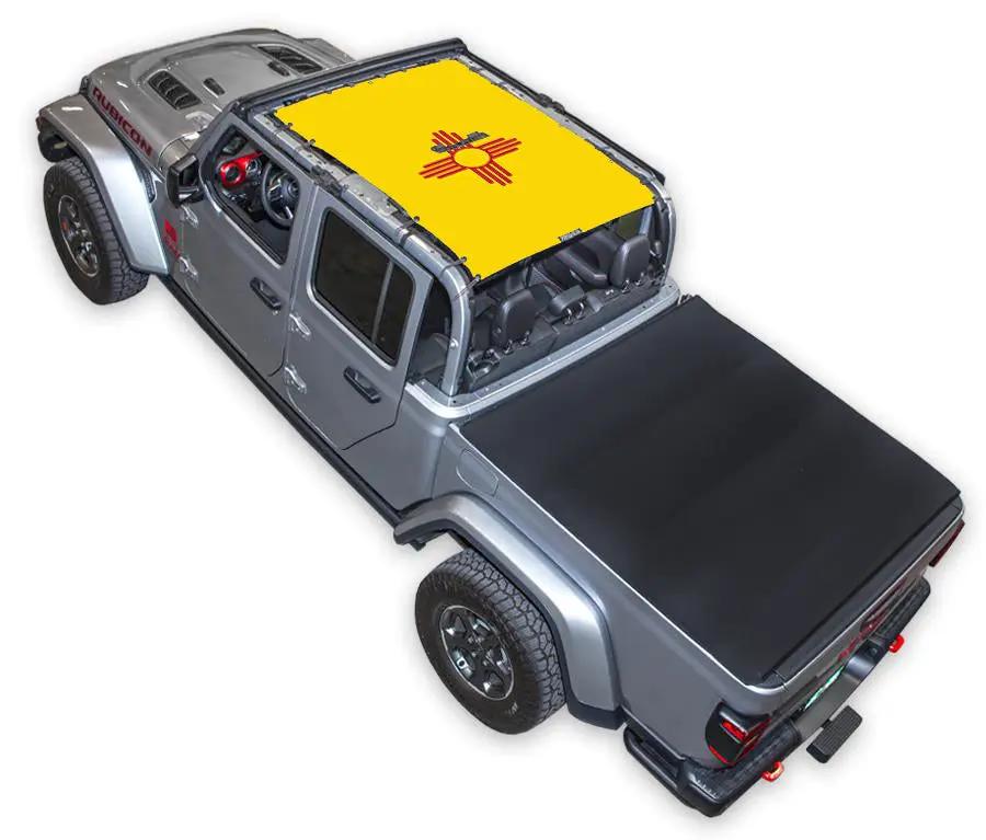Sun shade top for Jeep Gladiator JT by SpiderWebShade; stock printed shade in bright yellow with red emblem.