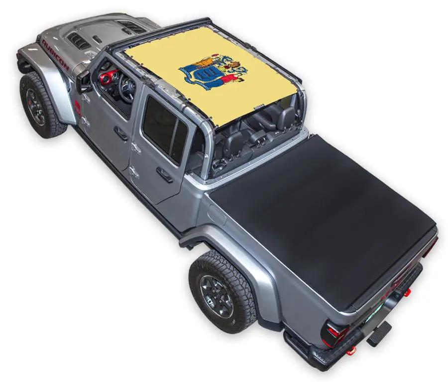 Sun shade for Jeep Gladiator JT by SPIDERWEBSHADE; stock printed shade top (2019–2026)