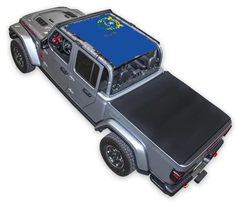 Sun shade top for Jeep Gladiator JT by SPIDERWEBSHADE, blue printed shade with logo.