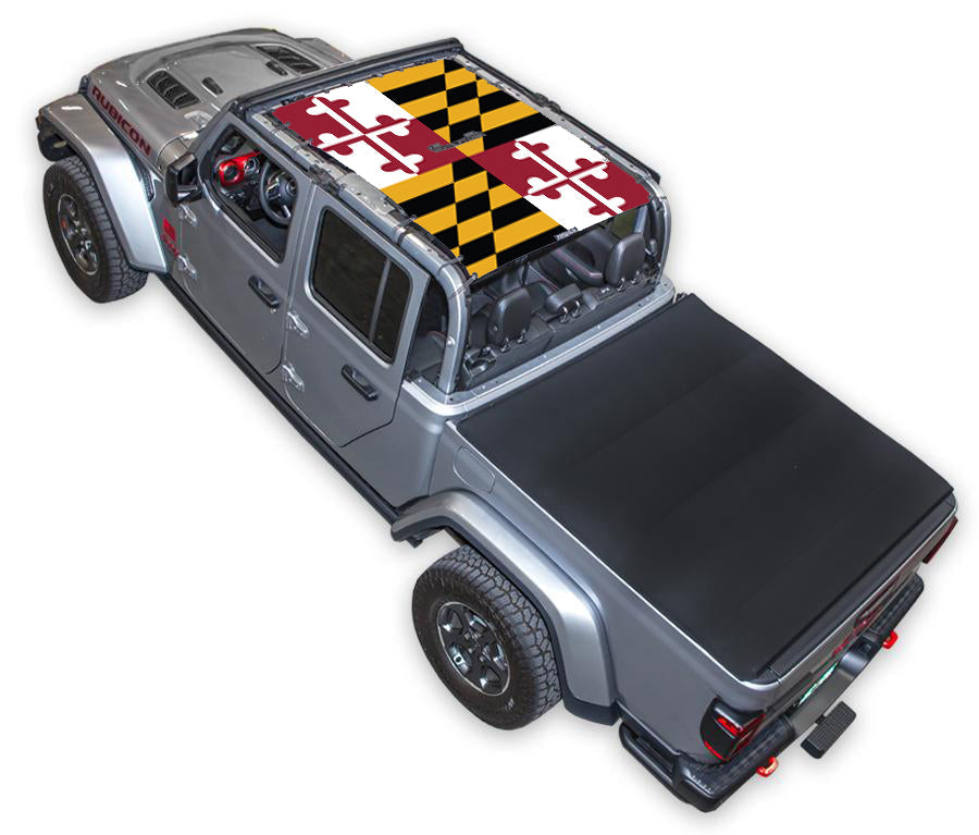 Sun shade for Jeep Gladiator JT by SPIDERWEBSHADE; stock printed top featuring Maryland flag design.