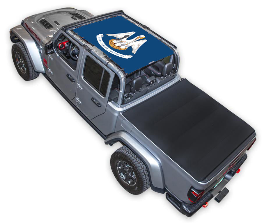 Sun shade top for Jeep Gladiator JT by SpiderWebShade, blue printed logo on the cab roof.