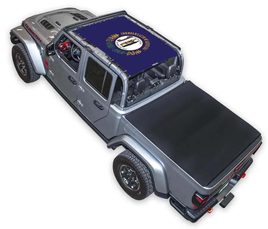 Sun Shade for Jeep Gladiator JT by SpiderWebShade, stock printed blue shade top with emblem