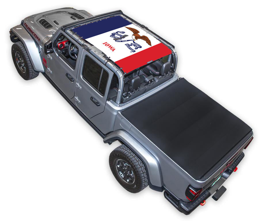 Jeep Gladiator JT sun shade by SPIDERWEBSHADE with stock printed flag graphic