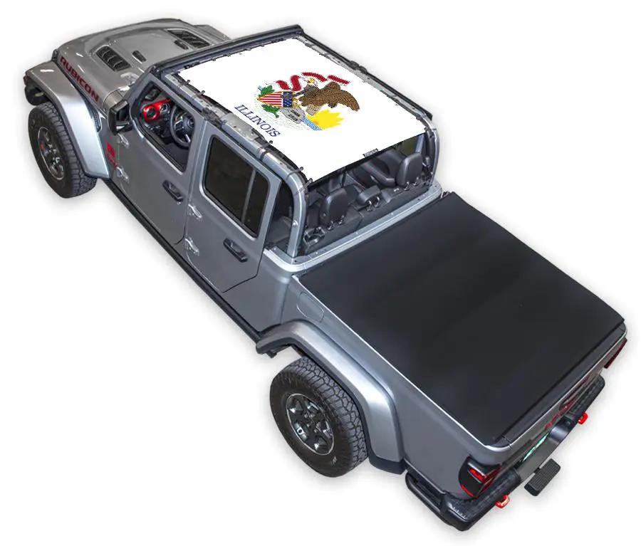 Sun shade for Jeep Gladiator JT by SpiderWebShade; stock printed shade top with flag graphic