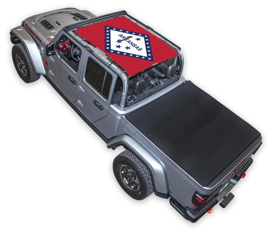 Sun shade top for Jeep Gladiator JT by SPIDERWEBSHADE; red Arkansas state-flag print