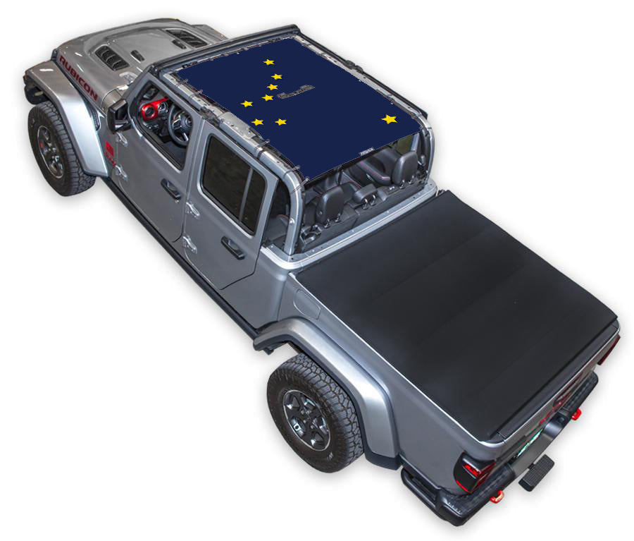 Sun Shade for Jeep Gladiator JT by SPIDERWEBSHADE; navy blue printed shade top with yellow stars