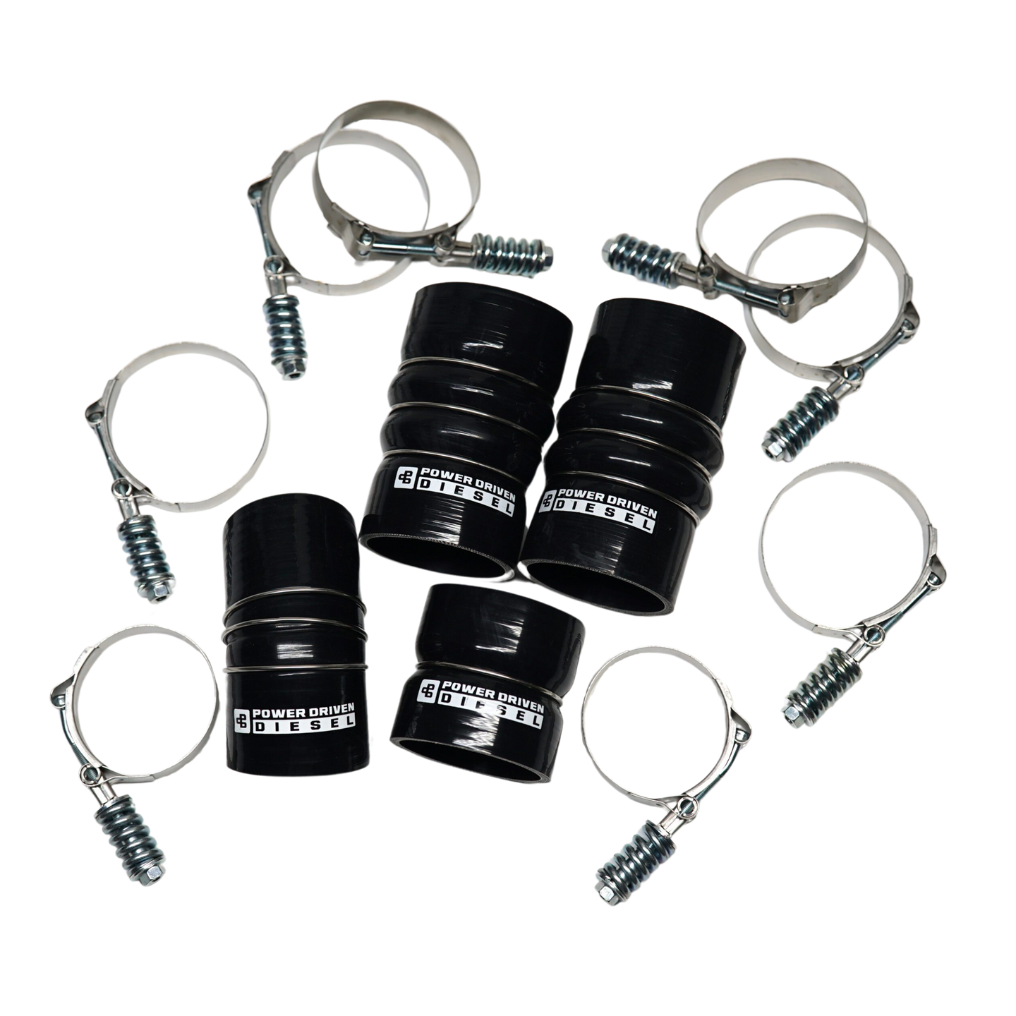 Power Driven Diesel Engine Boot Kit Ford Super Duty 03-07 with two black boots and hose clamps