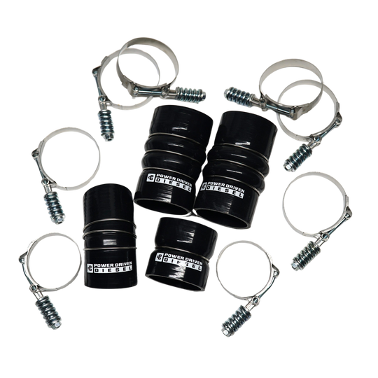 Power Driven Diesel Engine Boot Kit Ford Super Duty 03-07 with two black boots and hose clamps
