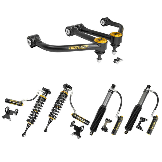 Dirt King MT PreRunner Kit Toyota front suspension with black tubular control arms, gold anodized caps, and coilover shocks