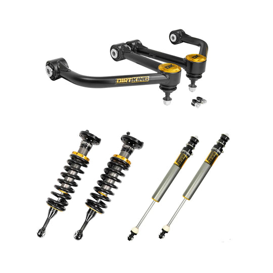 MT Trail Runner Kit by Dirt King for Toyota; black control arms with gold tops and coilovers
