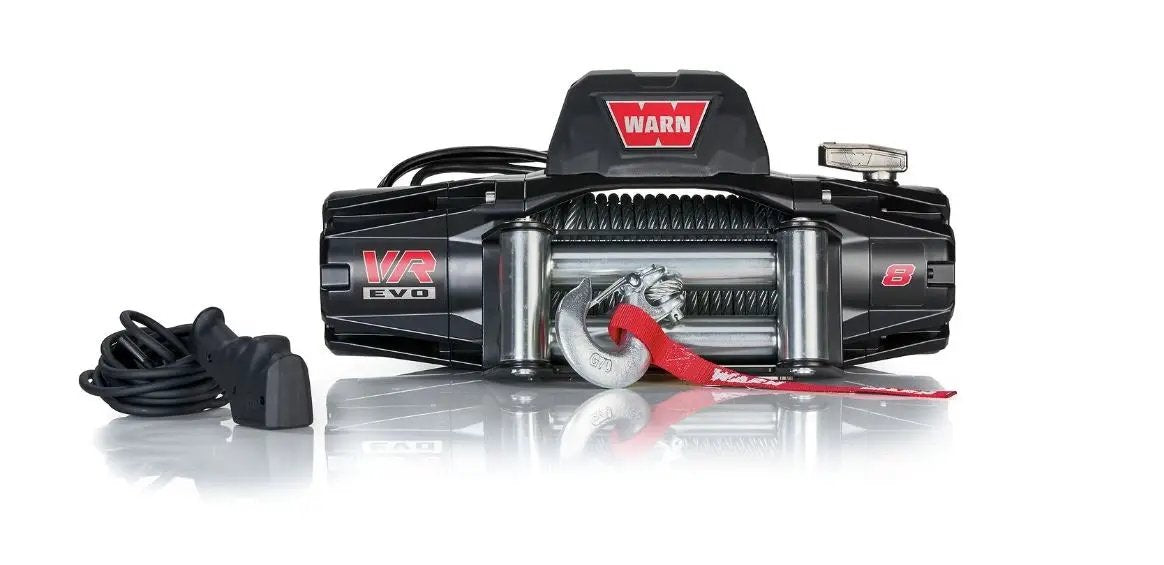 Warn VR EVO 8 8000 lb winch with steel cable, black housing, silver drum, red strap and hook