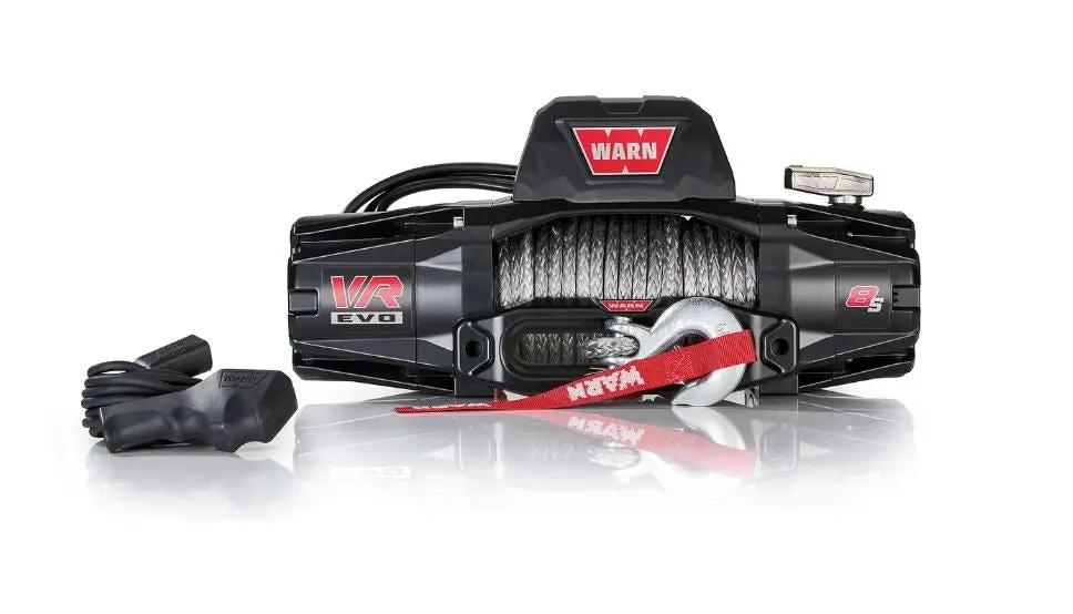 Warn VR EVO 8-S 8000-lb winch with synthetic rope, red strap, steel hook, black housing