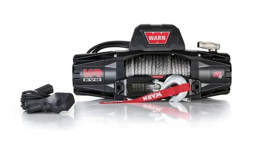 Warn VR EVO 8-S 8000-lb winch with synthetic rope, red strap, steel hook, black housing