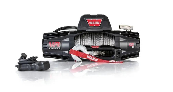 Warn VR Evo 10-S 10,000 lb winch with black housing, synthetic rope, and red strap