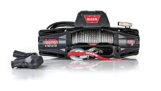 WARN VR EVO 12-S 12000 lb winch with synthetic rope, gray/black housing and red strap