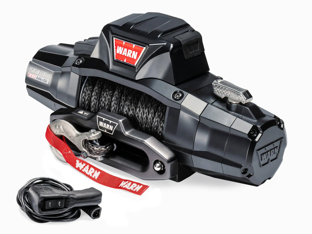 Warn ZEON XD 14-S Winch with black housing, synthetic rope, red WARN strap
