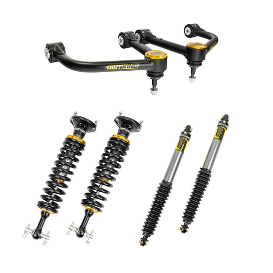 Dirt King MT Trail Runner Kit for Chevy/GMC; black tubular control arms with gold DK caps and dual coilover shocks