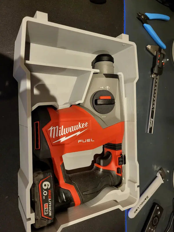 Packout Insert for M12 SDS MDD-M12SDS — grey tool organizer with Milwaukee M12 FUEL drill and 6.0Ah battery