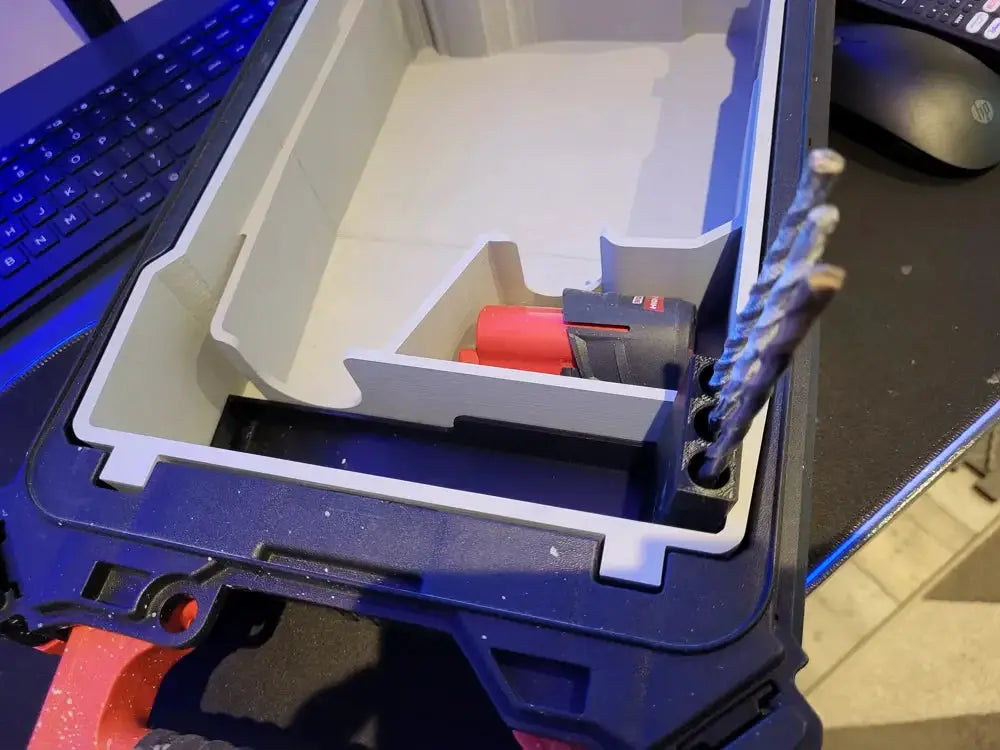 Packout Insert for M12 SDS MDD-M12SDS by Milwaukee Dave Designs, gray interior in blue Packout case with red M12 battery and drill bits