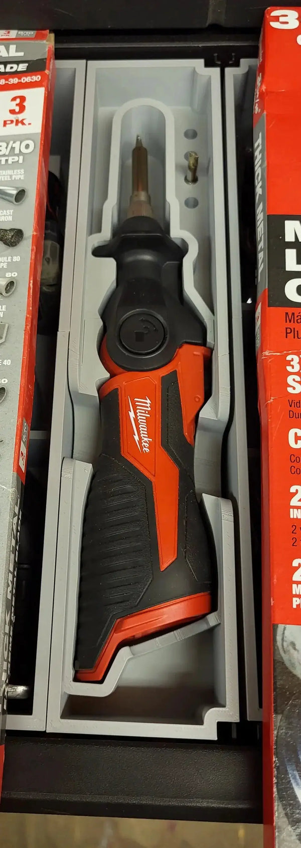 Packout Drawer Ultra Slim Insert for M12 Soldering Iron Milwaukee Dave Designs MDD-M12SI D, orange/black Milwaukee tool in gray molded tray
